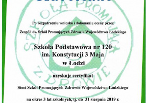 certyfikat Sieci Szkół Promujących Zdrowie Województwa Łódzkiego 2019